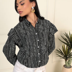 Women's Black Striped Ruffle Sleeve Shirt