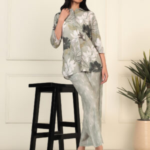 Women's Floral Print Shirt Co-Ord Set with Wide Leg Trousers