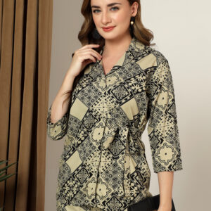 Women's Geometric Print Co-Ord Set with Collared Wrap Top & Tapered Trousers