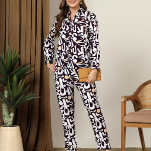 Women's Geometric Print Shirt Co-Ord Set with Straight-Fit Trousers