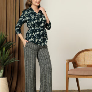 Women's Floral Print Belted Co-Ord Set with Wide-Leg Trousers