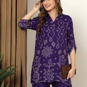 Women's Printed Mandarin Collar Co-Ord Set with Wide-Leg Pants