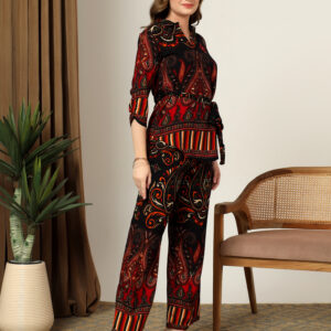 Women's Paisley Print Belted Co-Ord Set with Straight-Fit Trousers