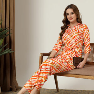 Women's Tie-Dye Print Belted Co-Ord Set with Wide-Leg Trousers